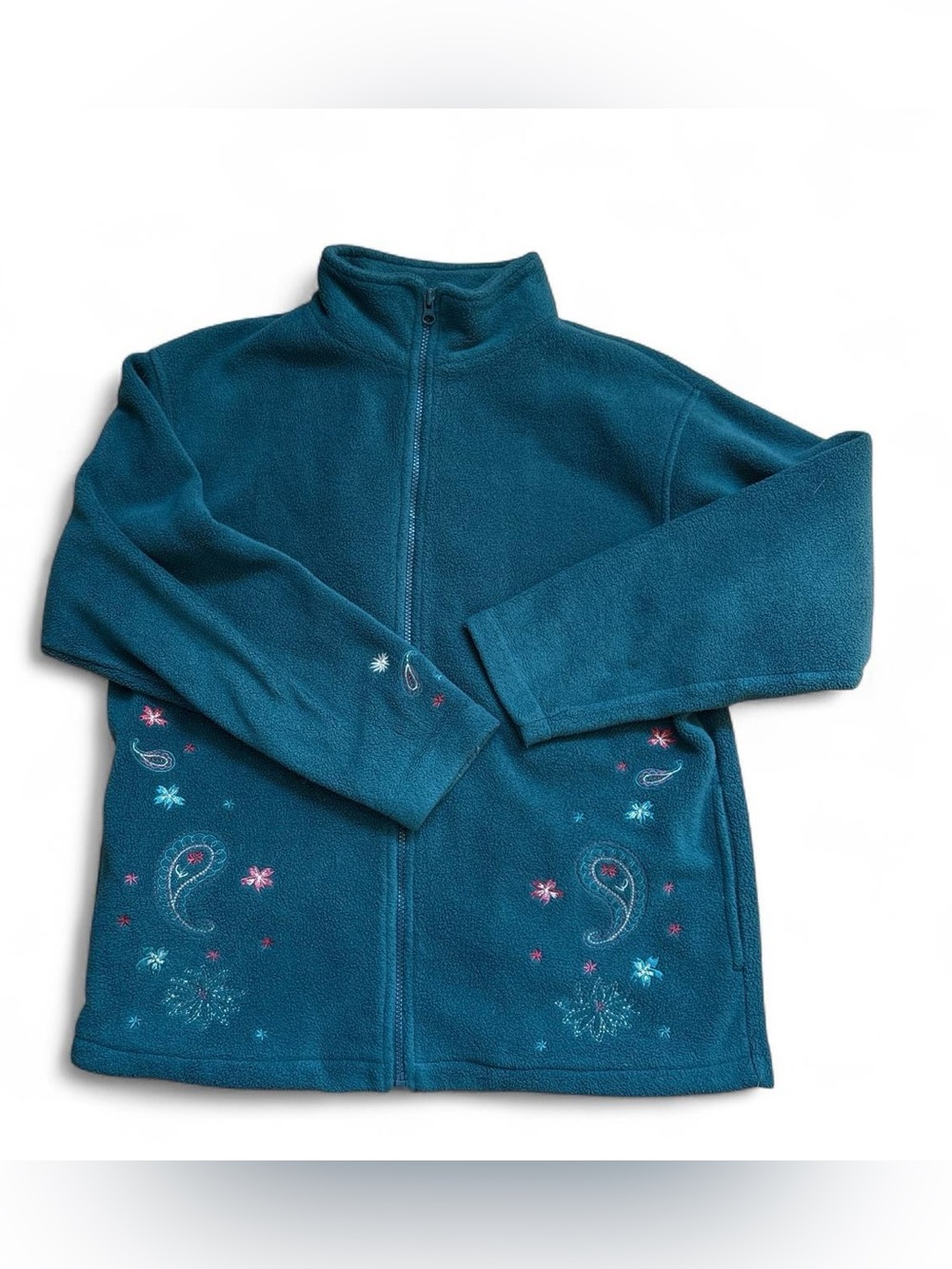 Vintage Y2K Turquoise Embroidered Paisley Floral Full Zip Fleece Jacket